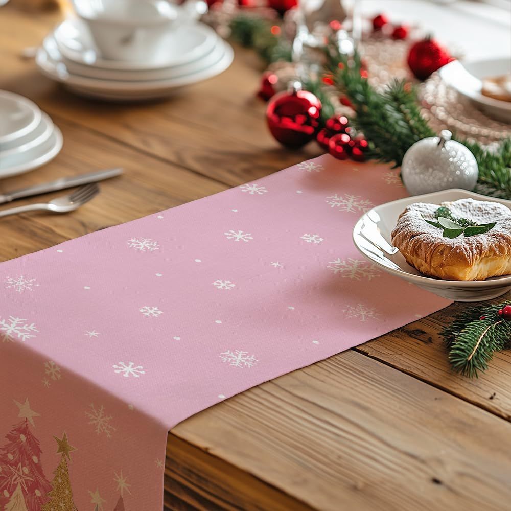 Christmas Table Runner 13x72 Inch, Xmas Trees Snowflakes Winter Holiday Decorative Farmhouse Table Decorations for Kitchen Dinning, Indoor Outdoor Dinner Party Decor