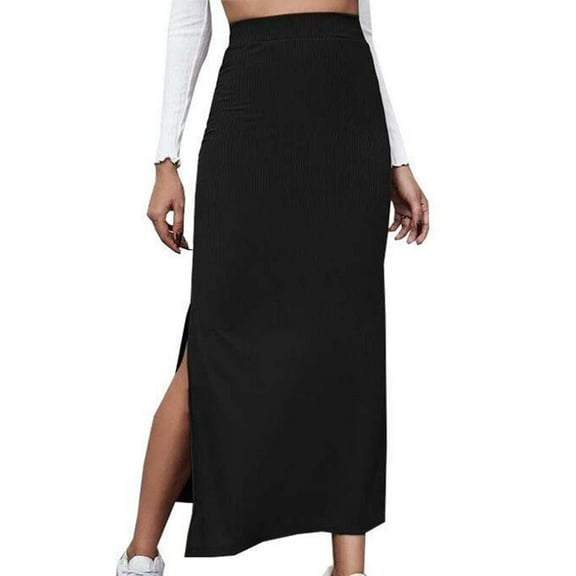 Ashirexll Maxi Skirt with Slit, High Waisted Skirts for Women, Versatile Half Skirt Solid Color Elastic Wrapped Hip Skirt Split Skirt Black L