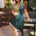 thumbnail image 3 of Fotbe Red And Blue Fire Peacock Vestido Largo de Moda para Mujer, Vestido Tipo Camiseta con Manga Corta y Estilo Casual a Rayas y Bloques de Color, 3 of 6