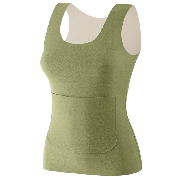 RXIRUCGD Femmes Couleur Unie Col Rond Sans Manches Poches avant et Oreilles Version Fine Haute Élasticité Deux Tons sous-Vêtements Chauds Haut (Vert, Taille : m)