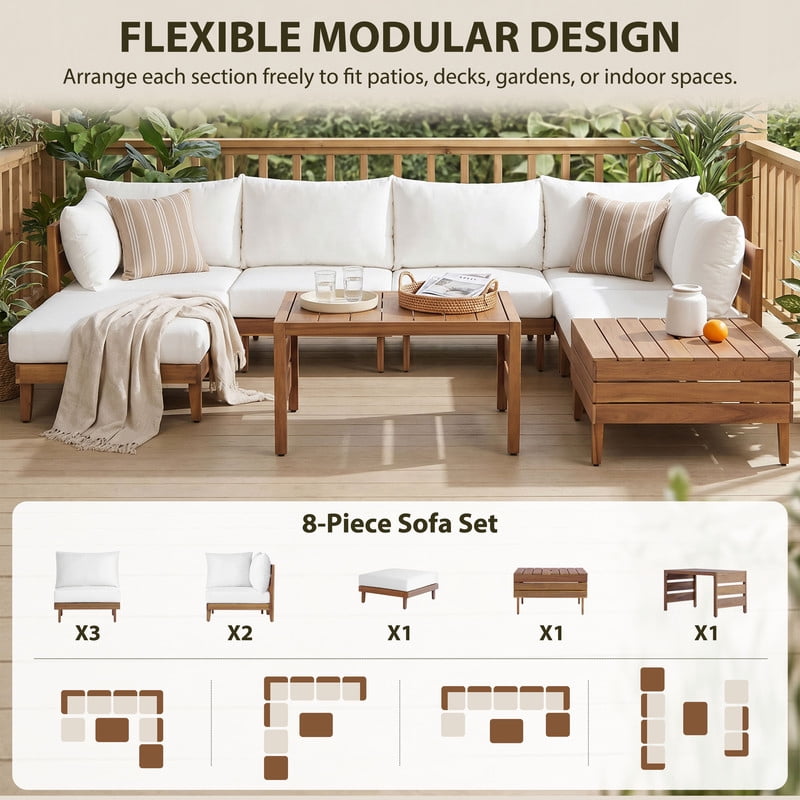 8-Piece Solid Acacia Wood Outdoor Sofa Sectional Set for 6, Patio Modular Chat Set with Coffee Table, Storage Tea Table & Cushions