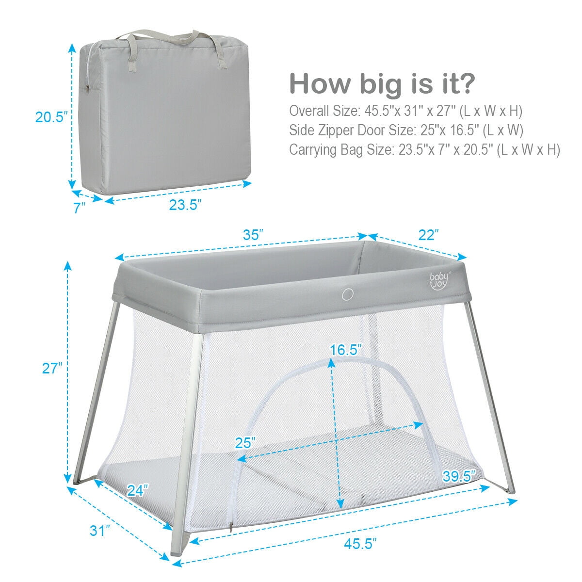 Gymax Gray Foldable Baby Playpen Playard Lightweight Crib w/ Carry Bag For Infant, Unisex