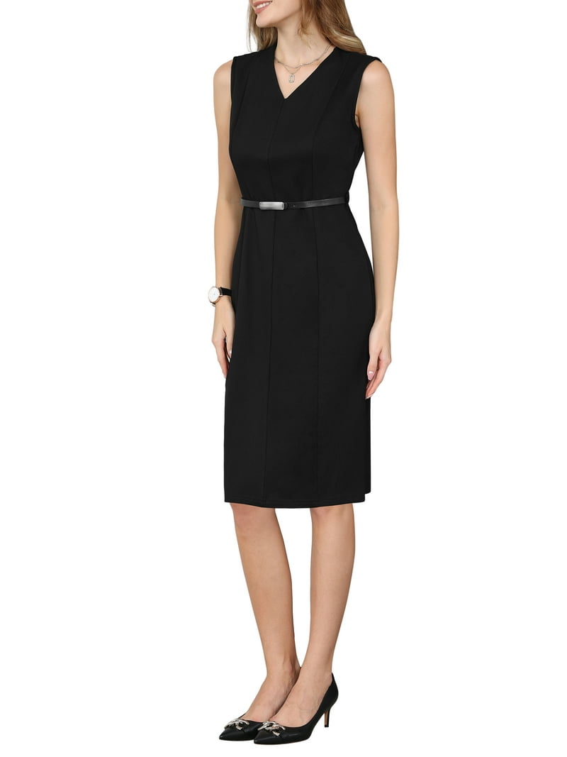 Inspire Chic Mother's Day Women's Sleeveless 2026 Funeral Dress V-Neck Office Sheath Dresses with Belt S Black Inspire Chic Mother's Day Women's Sleeveless 2026 Funeral Dress V-Neck Office Sheath Dresses with Belt S Black