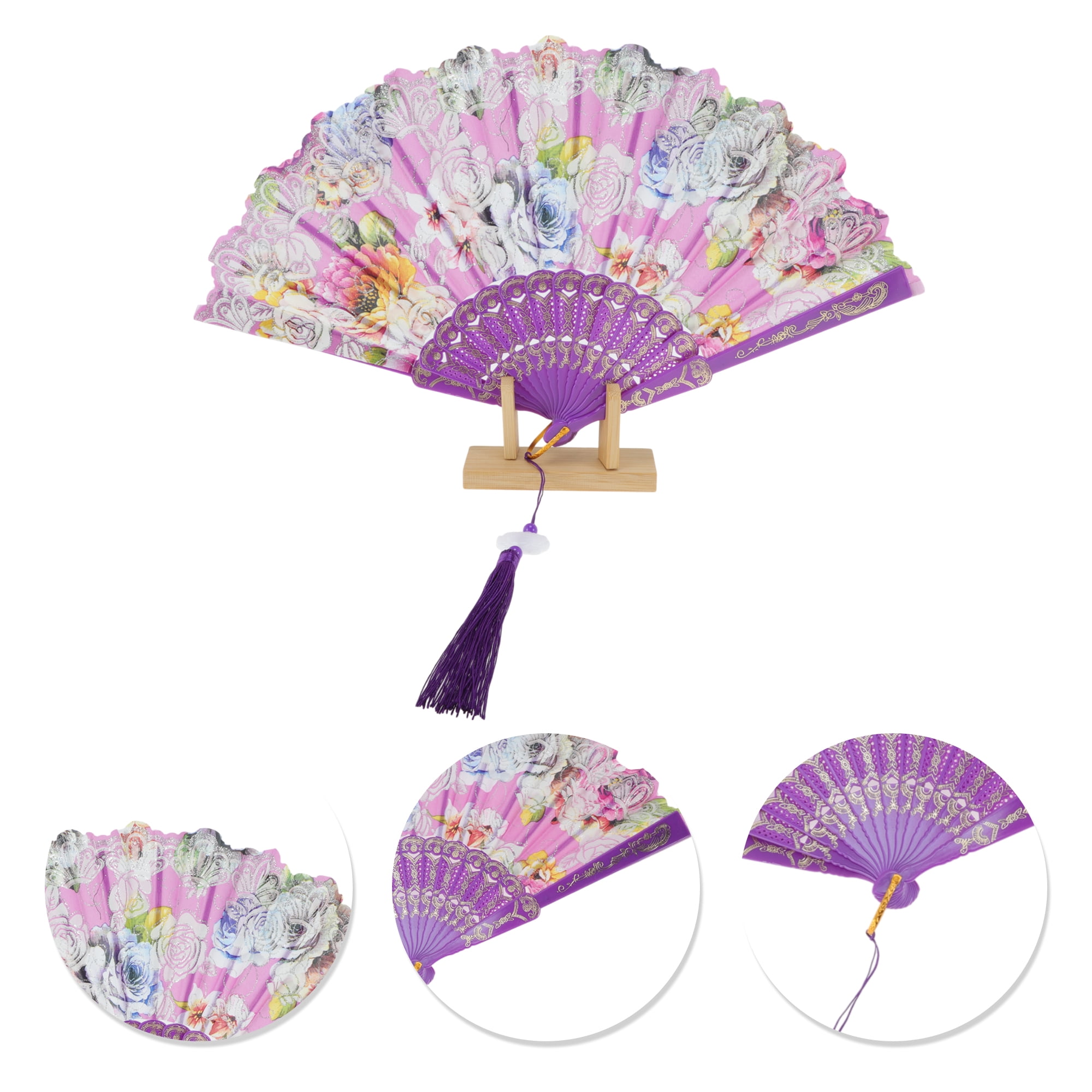 Unique Bargains Rose Print With Tassel Folding Fan 1 Pc For Summer Decorations Purple