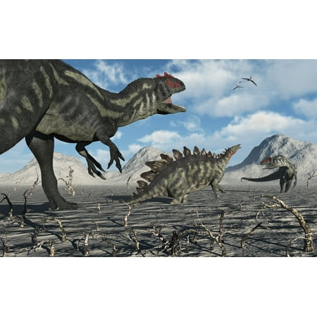 - A pair of Allosaurus dinosaurs moving in to kill a Stegosaurus trapped in a deadly mud pit Poster Print
