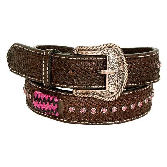 BE BAR H EQUINE Pink Rawhide Basket Hand Tooled Western Leather Men And Women Belt Brown