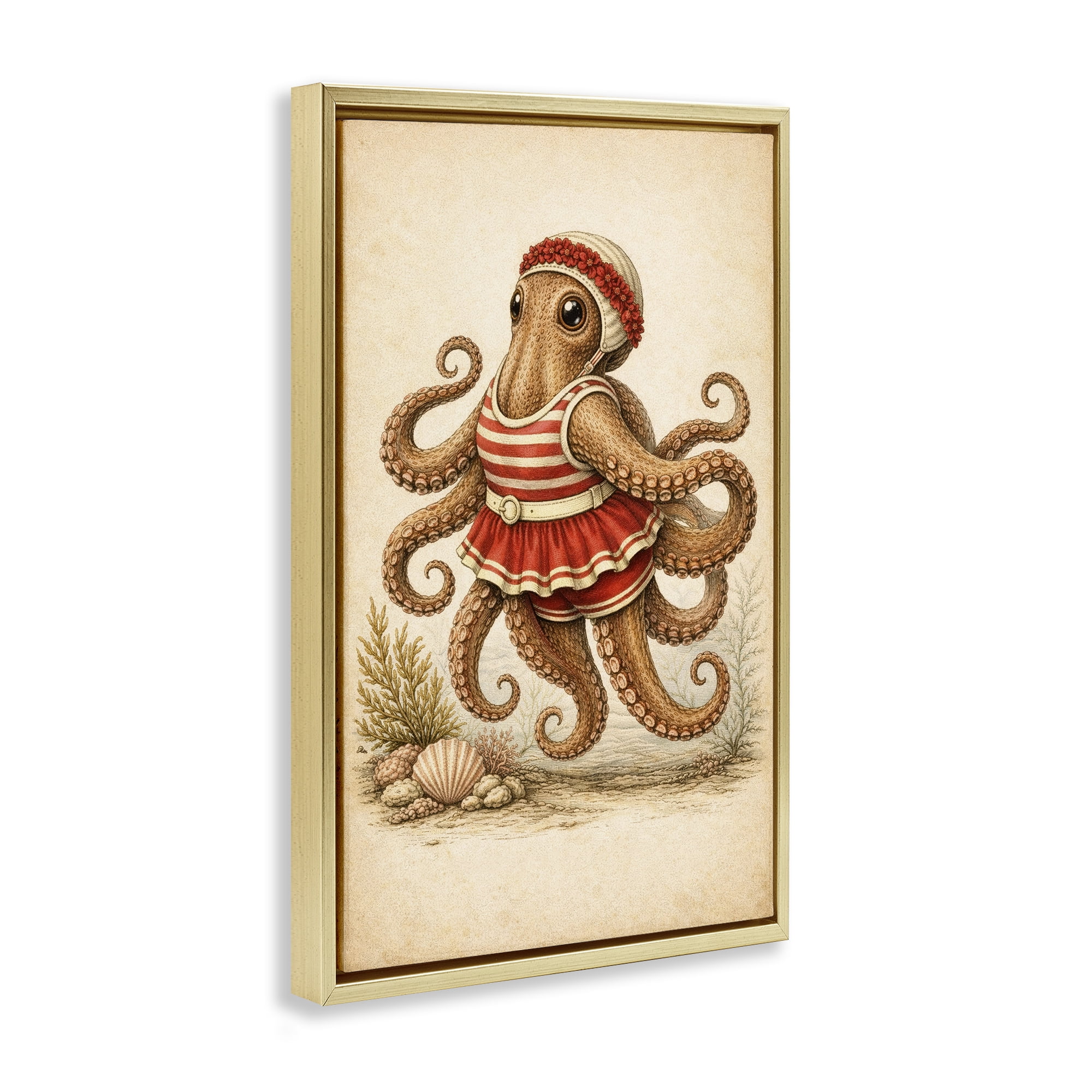 Stupell Industries Octopus of Maritime Bathing Society Gold Framed Floater Canvas Wall Art, design by Grotto Studios