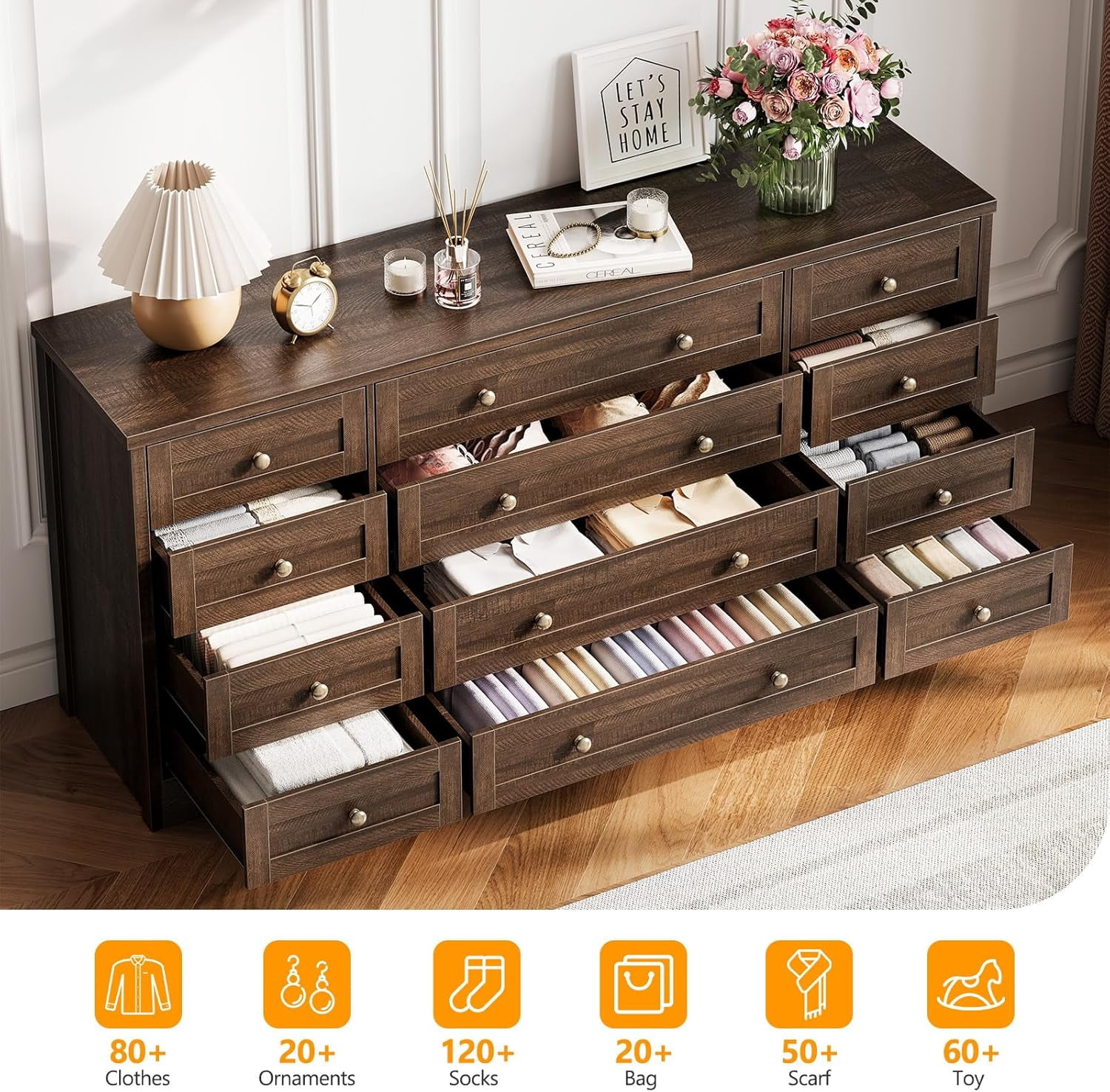 Twister.CK 12-Drawer Wooden Dresser, Modern Chest of Drawers & TV Stand for 65-Inch TV, Bedroom, Closet, Living Room, Hallway, Brown