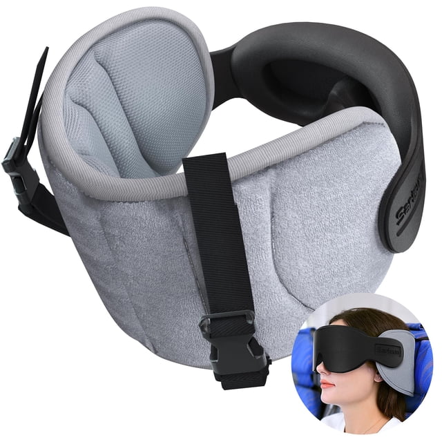 Almohada de viaje SARISUN para aviones con máscara de ojos gris