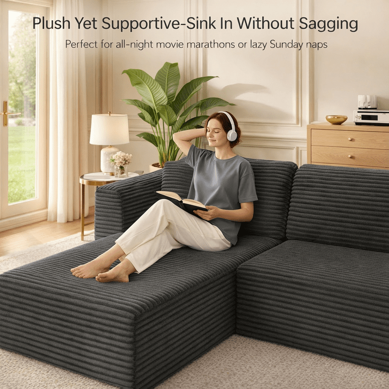 105" No-Assembly Modular L-Shaped Sectional Sofa, Comfy Corduroy Deep Seat Cloud Couch with Chaise, Modern Boneless Sofa for Living Room, Grey