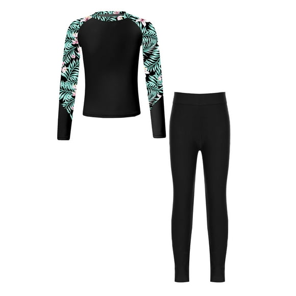 iefiel Maillot de Bain Complet pour Filles, Manches Longues, Leggings, Protection Solaire UPF 50+ Noir 16