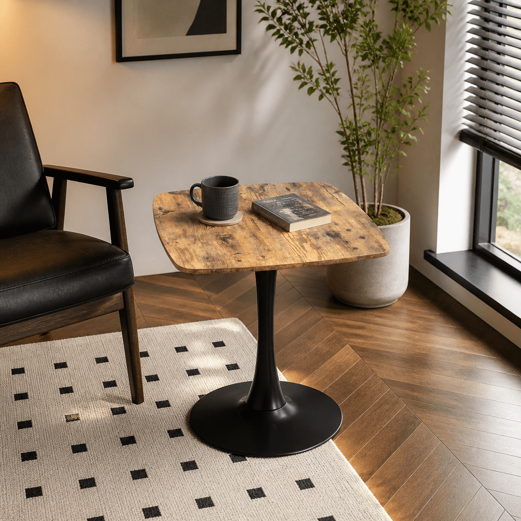 Square Dining Table, 24" Square Tulip Table with MDF Tabletop & Matte Black Metal Pedestal Base,Mid Century Modern Bistro Table for Kitchen, Small Places, Living Room, Cafe