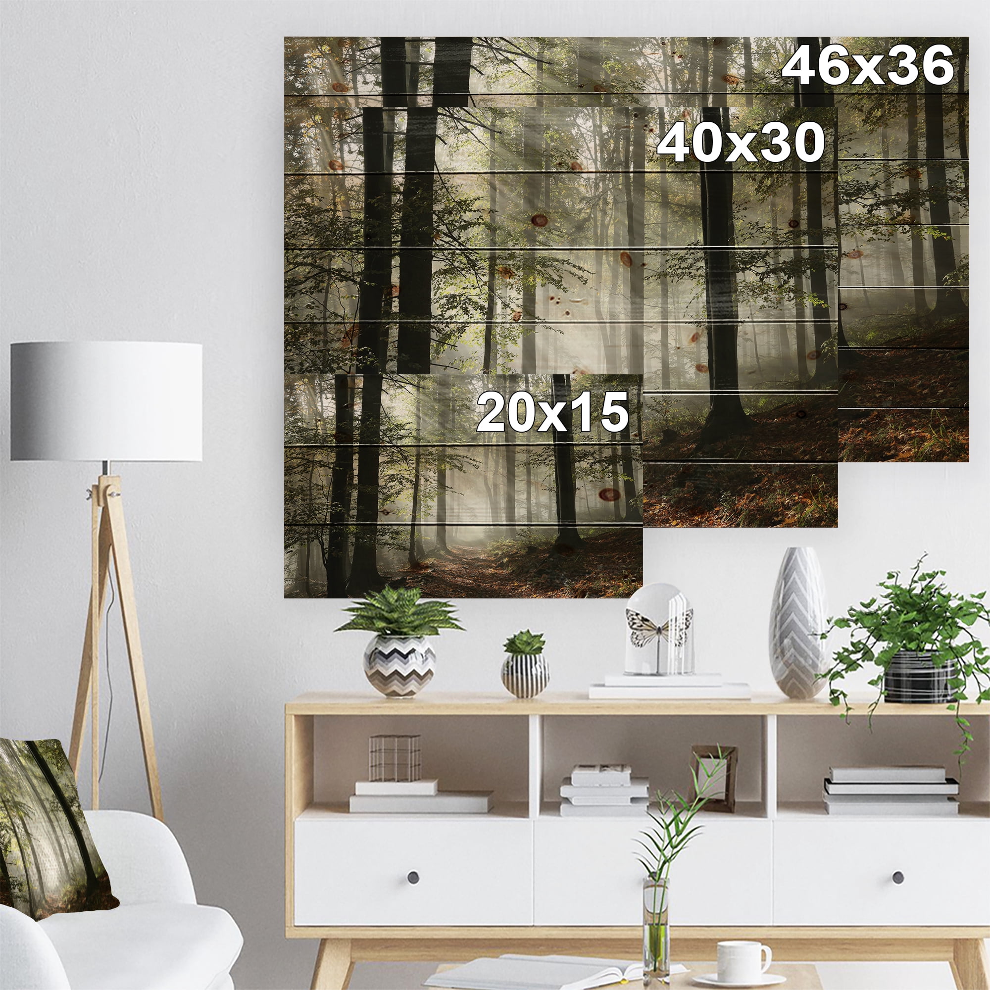 Designart 'Light in Dense Fall Forest with Fog' Landscape Print on Natural Pine Wood