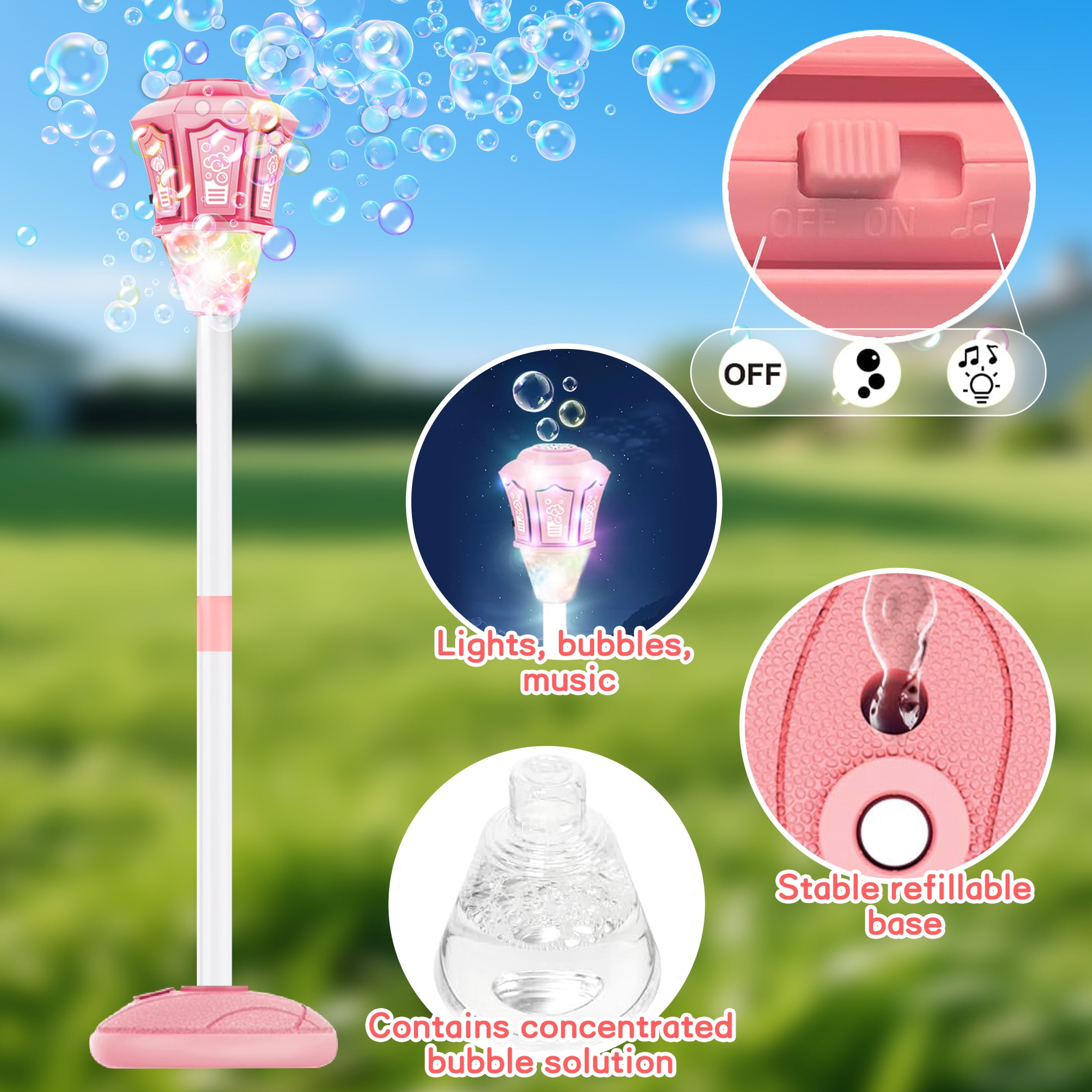 KOPPOP Garden Bubble Machine, LED Musical Lawn Lamp with Remote Control & Rechargeable Battery, Adjustable Height Outdoor Party Bubble Blower for Kids Birthday Gifts(Pink)