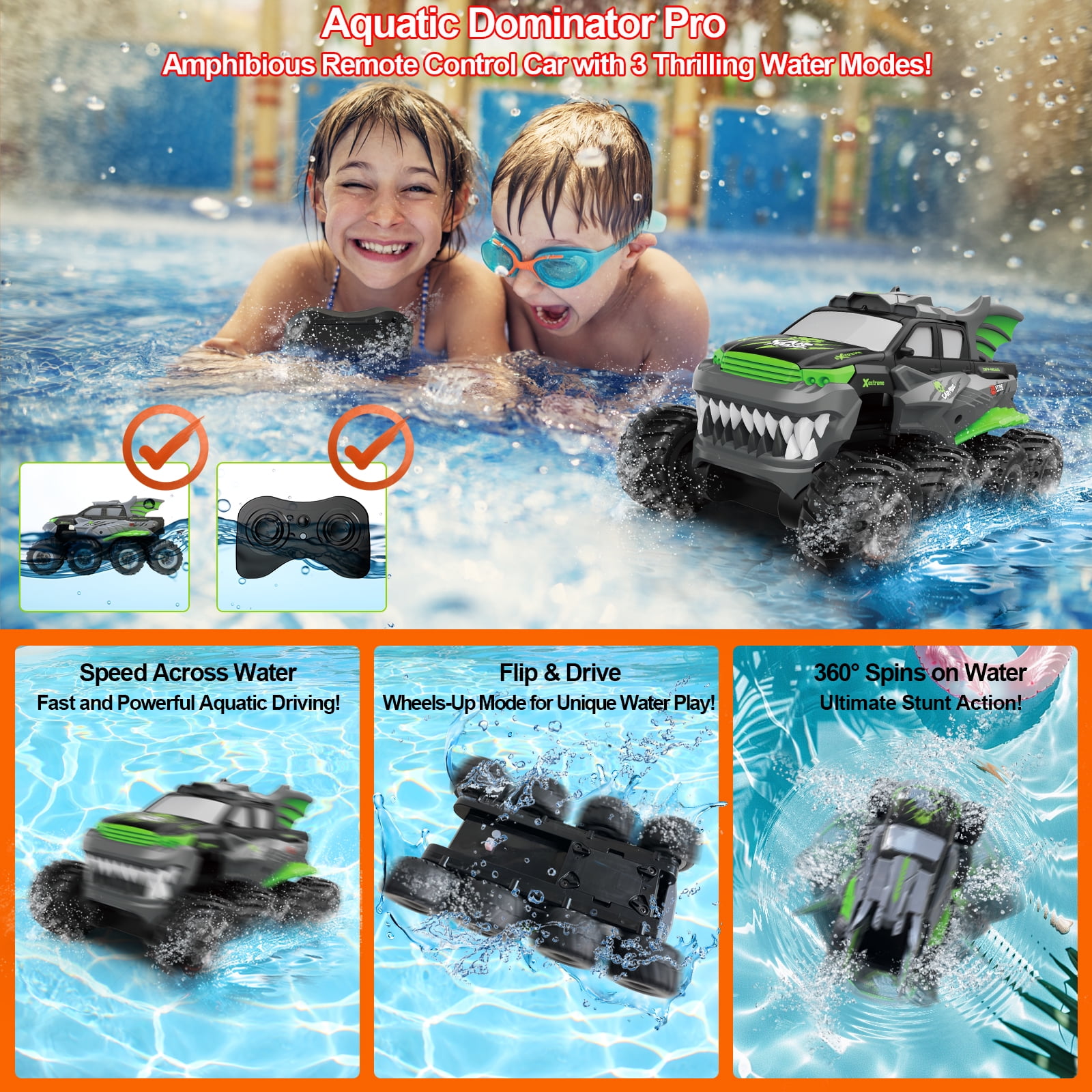 Amphibious Remote Control Car 8WD RC Monster Truck with 2 Rechargeable Batteries for Boys Age 8-12 Offroad Waterproof RC Pickup 2.4GHz All Terrain RC Drift Cars Beach Pool Toys Gifts for Kids Green