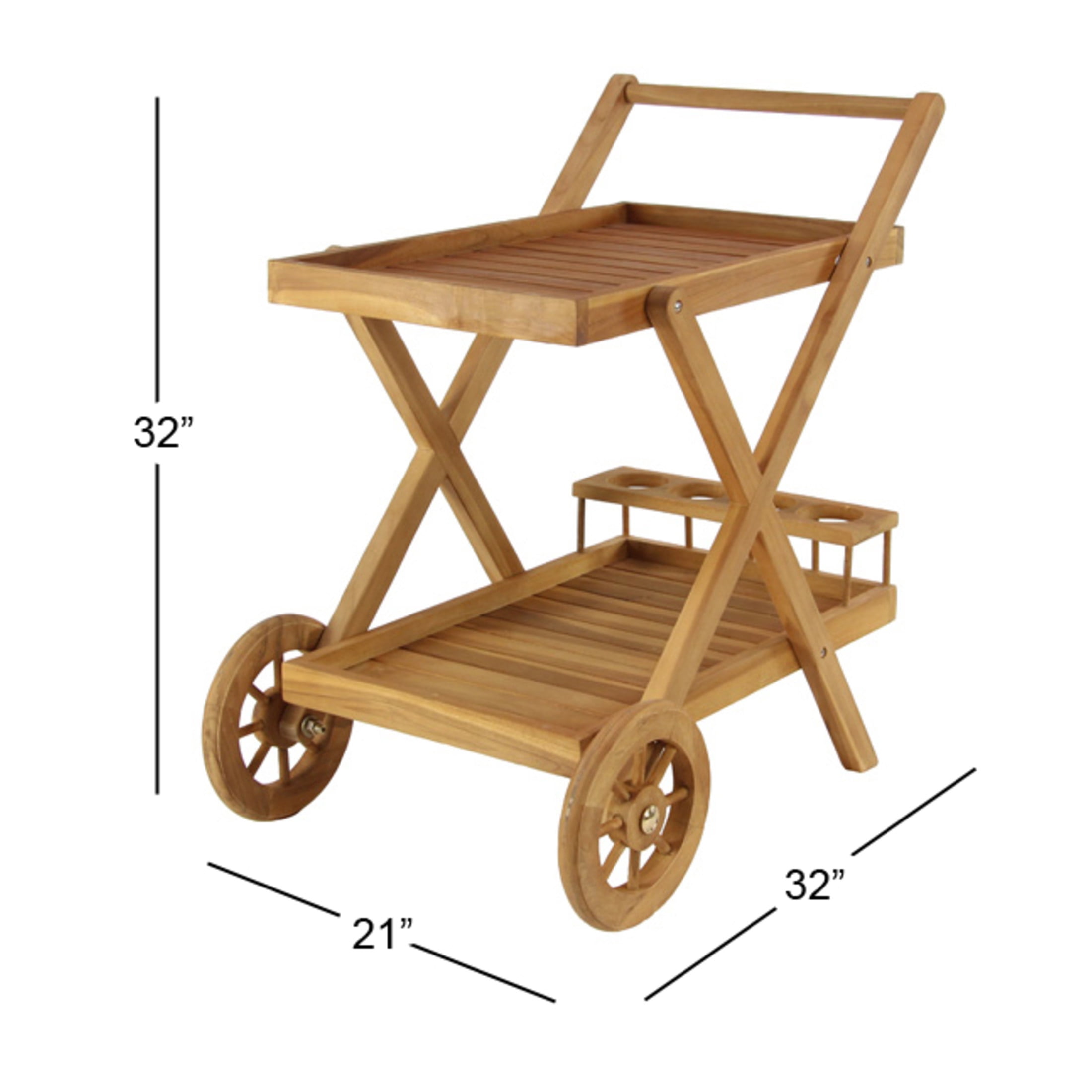 DecMode 32" x 32" Brown Teak Wood Indoor Outdoor Rolling 2 Shelves Bar Cart with Wheels and Handle, 1-Piece