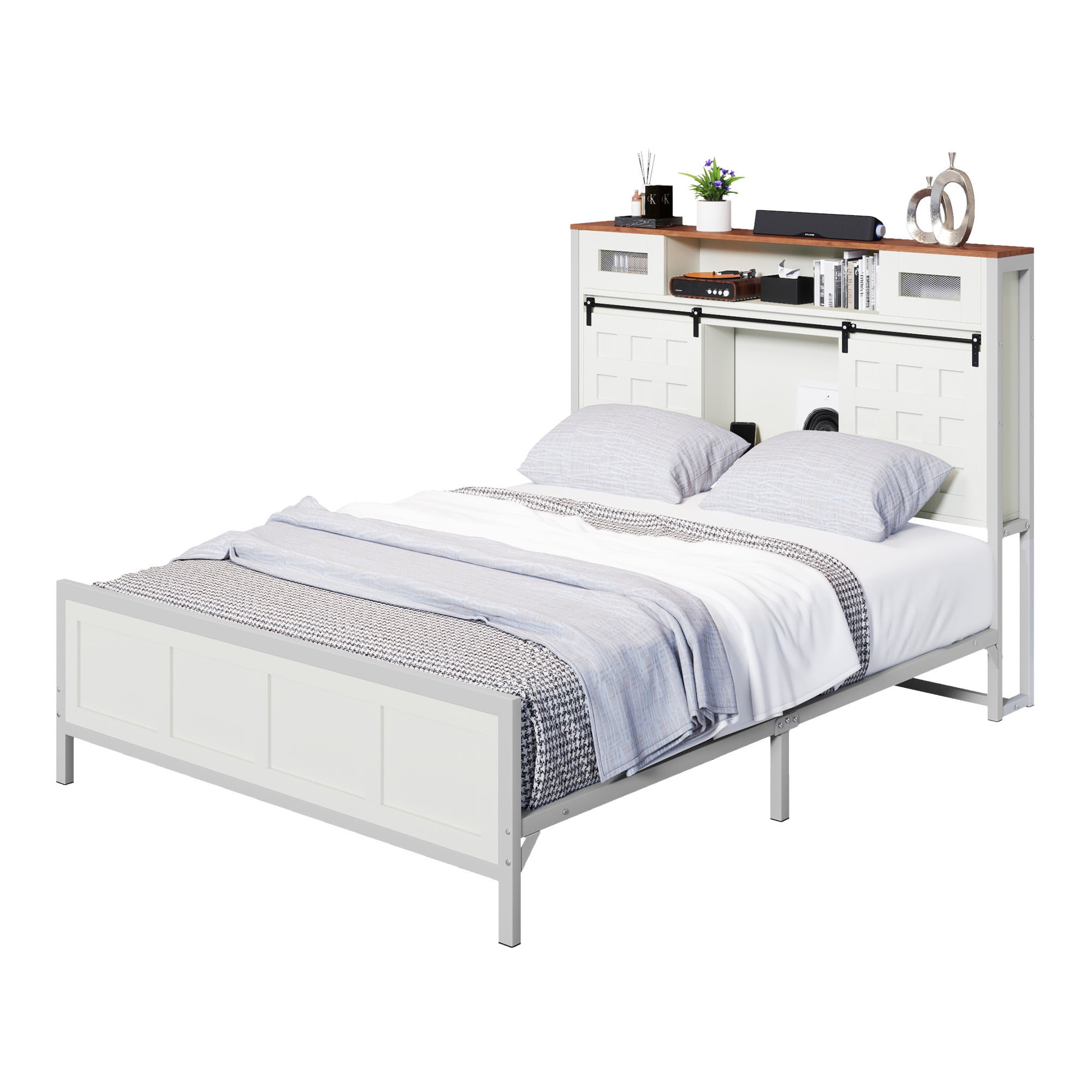 ModFusion Queen Size Bed Frame with Grid Barn Door Headboard Storage, LED Light Strip & USB Ports, White
