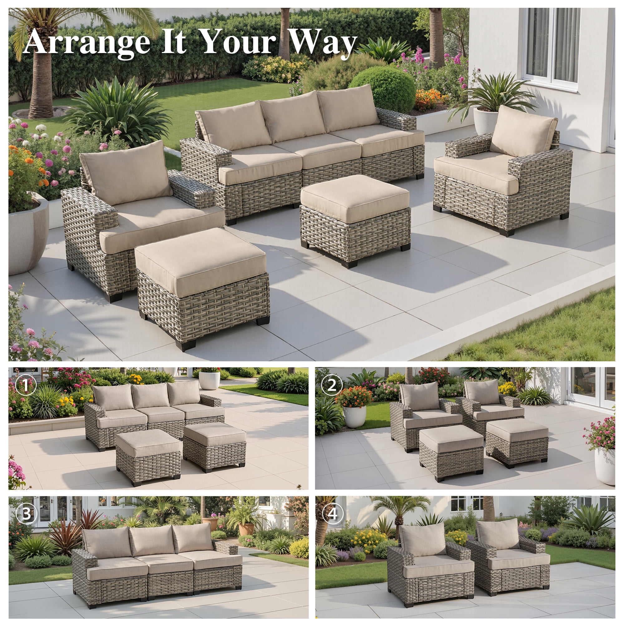 Ovios 7 Pieces Outdoor Patio Furniture Set All-Weather Rattan Wicker Sectional Sofa and Chairs with Ottomans, Beige