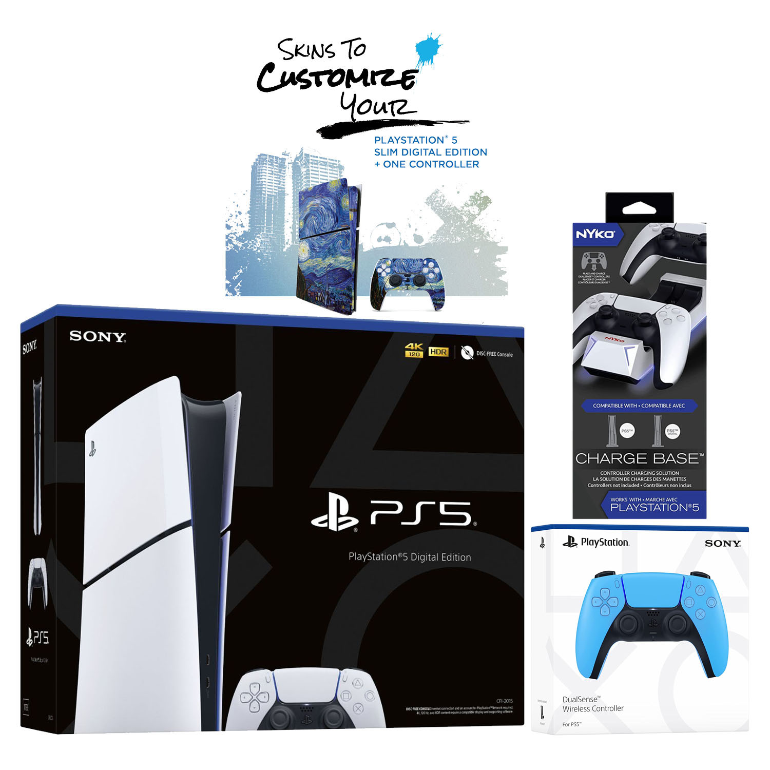 Sony PlayStation 5 Slim Digital PS5 with Extra Starlight Blue Controller, Dual Charging Dock and MightySkins Voucher Bundle