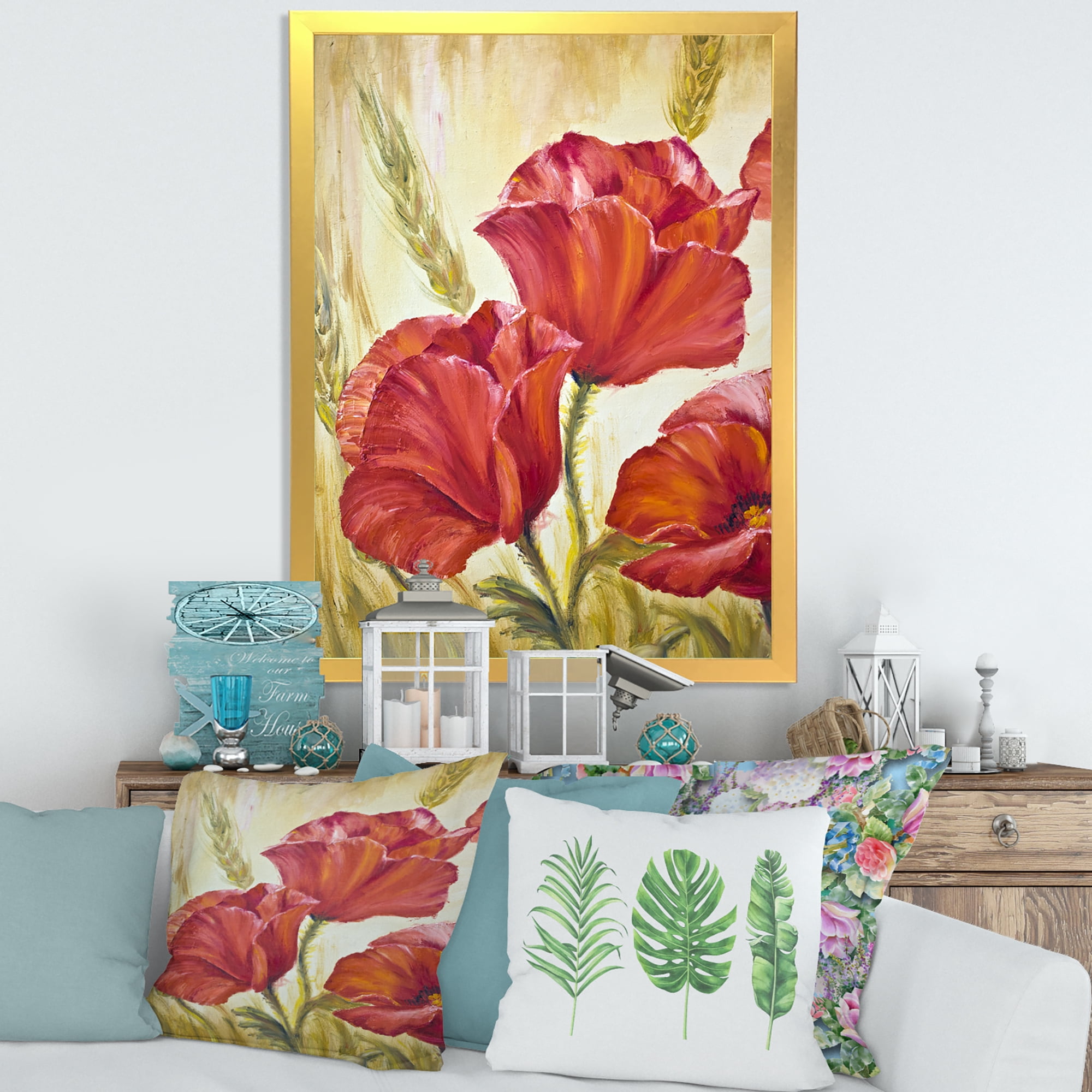 Designart 'Blossoming Red Poppies In Wheat Fields II' Traditional Framed Art Print
