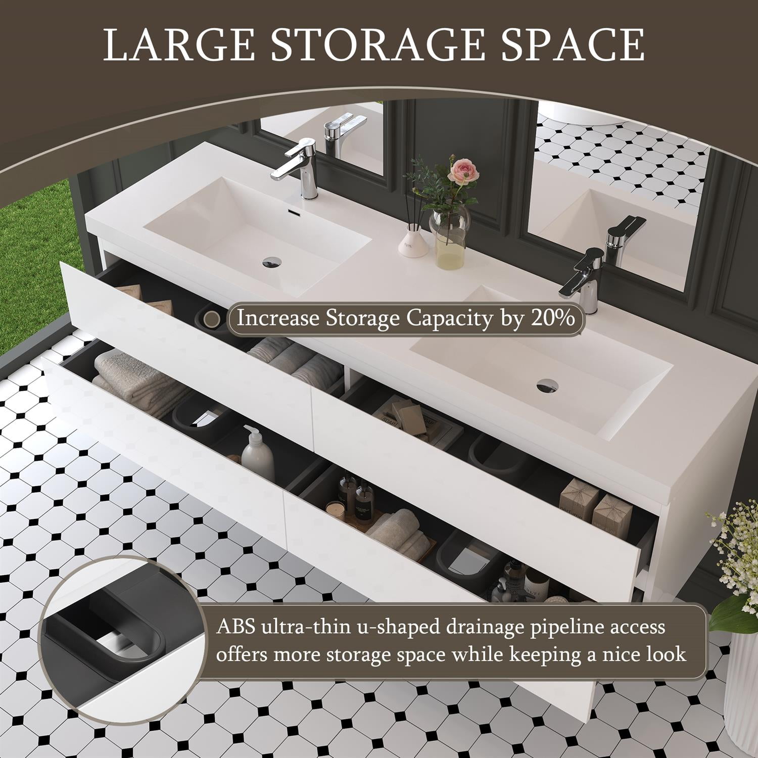 Demi Bonn 72" Floating Bathroom Vanity with Sink, Double Resin Top Basin and 4 Soft Close Drawers, Faucets and Drains Not Included, White