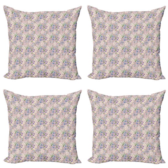 Ambesonne Spring Throw Pillow Cover 4 Pack, Farm Flower Lilacs Bloom, 18", Lilac Blue and White