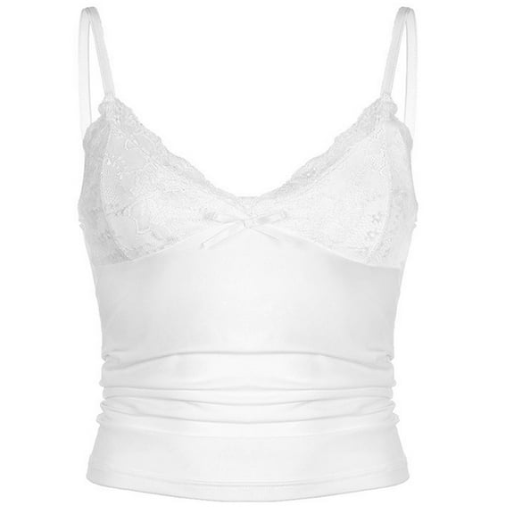 Sleeveless Lace Trim V Neck Bralette Crop Top for Women Spaghetti Straps Fitted Going Out Camisole Tanks Top Undershirt