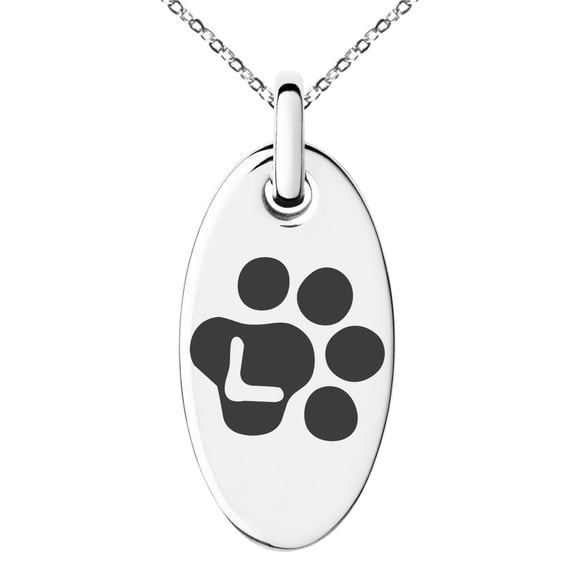 Stainless Steel Letter L Initial Cat Dog Paws Monogram Engraved Small Oval Charm Pendant Necklace