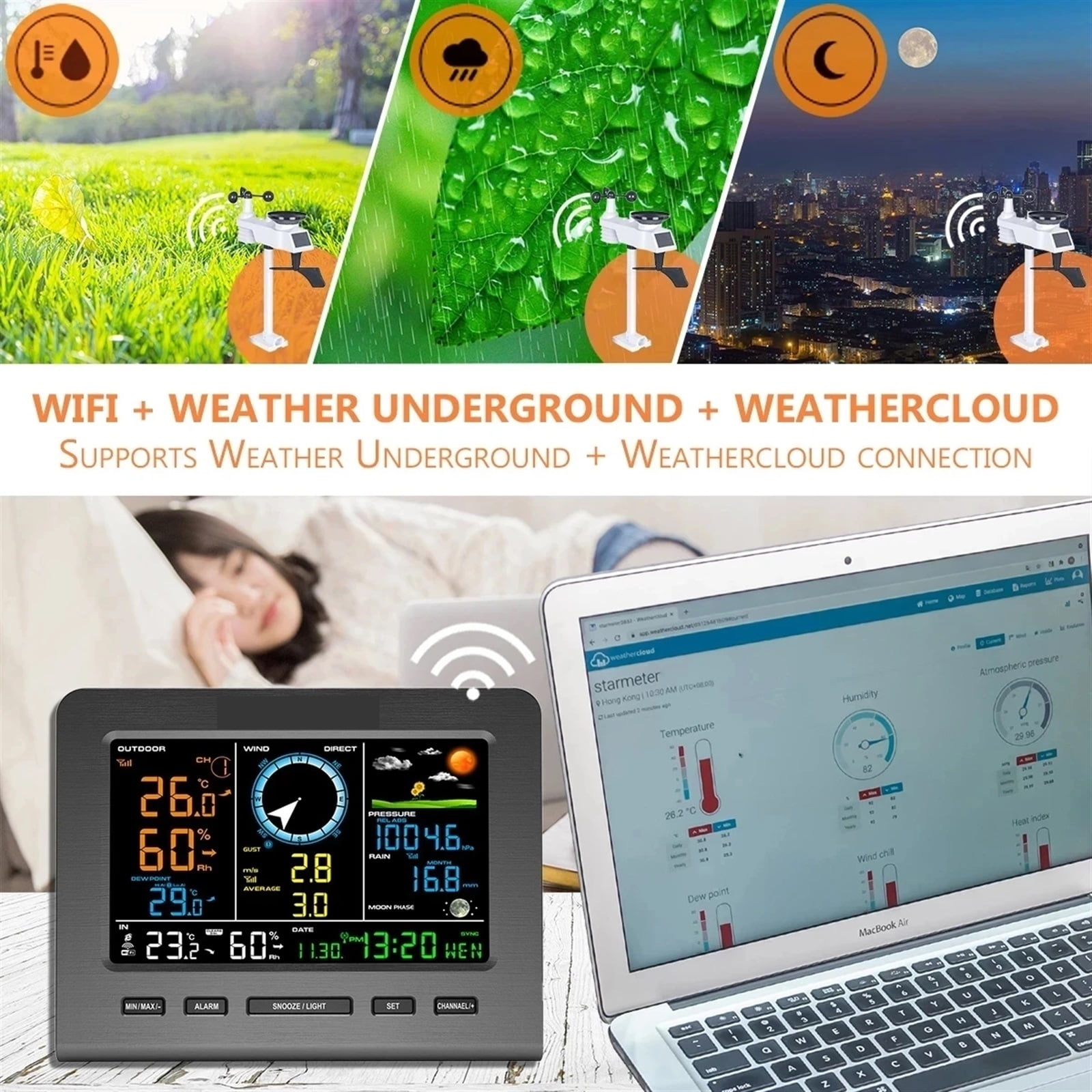 Internet Wireless Weather Station Weather Forecast Temperature Pressure Humidity Wind Rain Gauge Moon Phrase Alarm Clock Tester ,High Precision