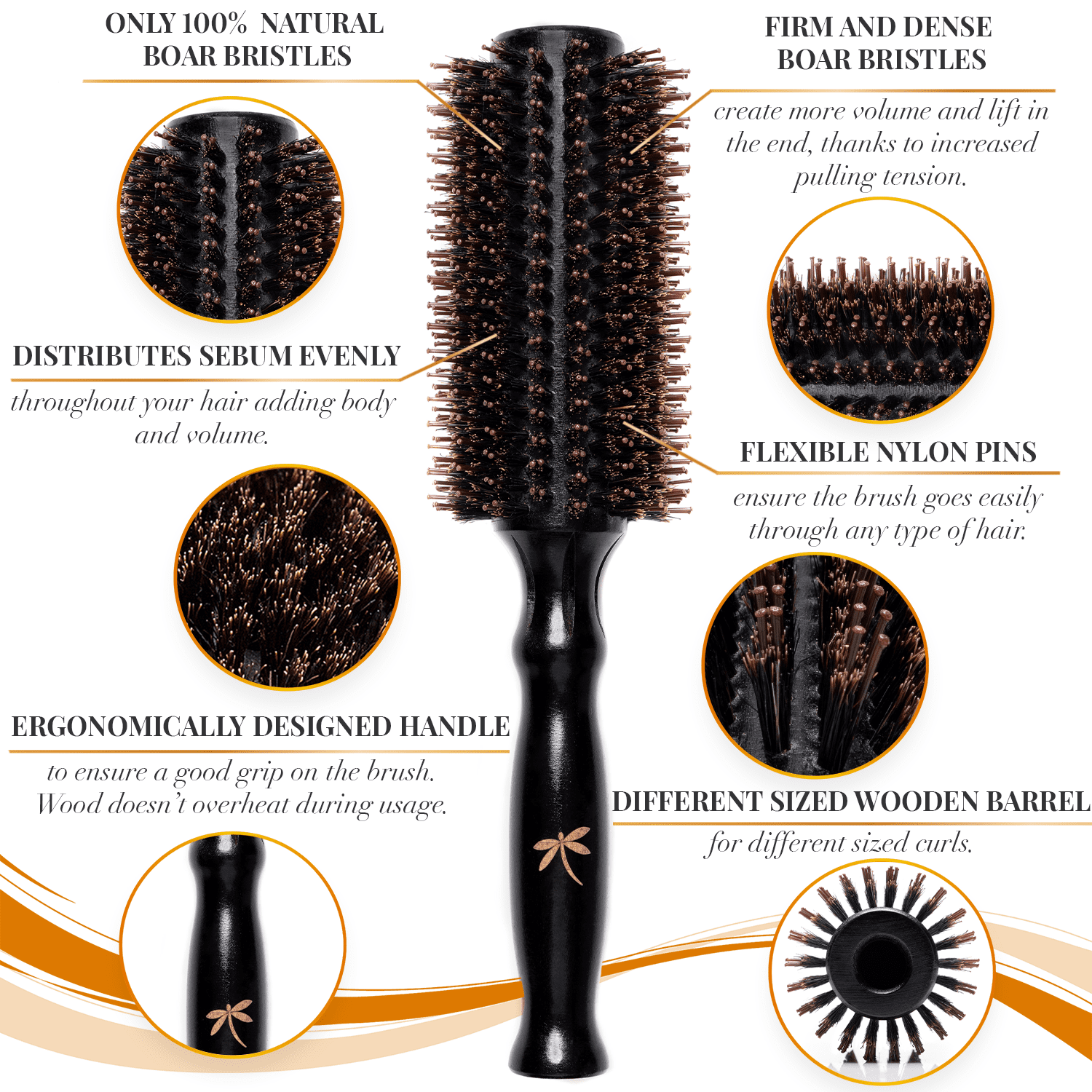 Belula Care Premium Boar Bristle Hair Brush for Thick Hair Set. Hairbrush for Women with Thick, Long or Curly Hair., Orange