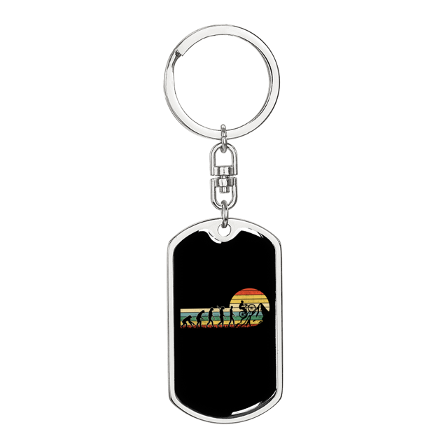 Mountain Bike Evolution Cycling Stainless Steel or 18k Gold Premium Swivel Dog Tag Keychain