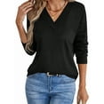 thumbnail image 1 of Blusas de Punto Gofre para Mujer, Blusas Casuales de Larga con Farol, Cuello en V, Camisetas Oversize. Negro M, 1 of 8