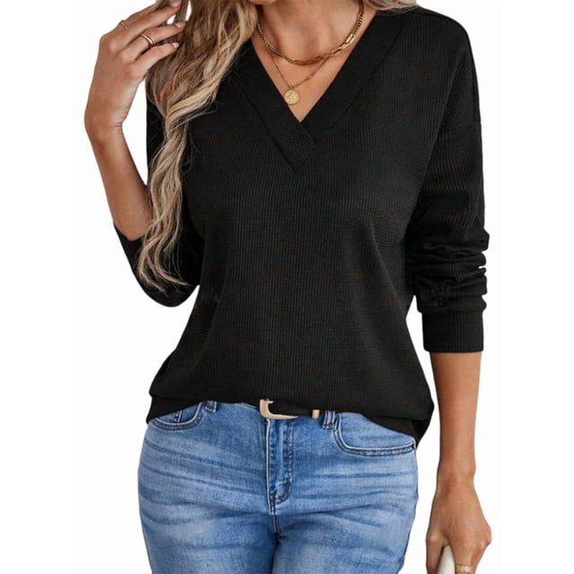 Blusas de Punto Gofre para Mujer, Blusas Casuales de Larga con Farol, Cuello en V, Camisetas Oversize. Negro M