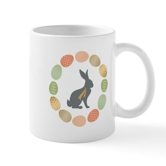 CafePress - Modern Vintage Graphic Easter Bunny And Wreath Of - 11 oz Ceramic Mug - Novelty Coffee Tea Cup