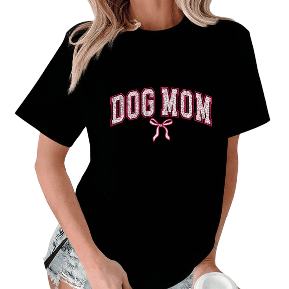 Black Playful Pink Bow Dog Mom College Font Tshirt Graphic Tees Shirts Gift For Dog Mom S-5XL Tops