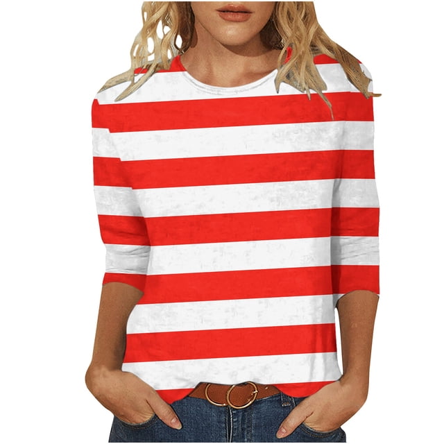 Meichang T-Shirts à Manches 3/4 Grande Taille pour Femmes, Décontractés, à Imprimé Rayé, Col Ras du Cou, Hauts Légers, Doux et Extensibles, Manches Trois Quarts, Chemise, P-4TG