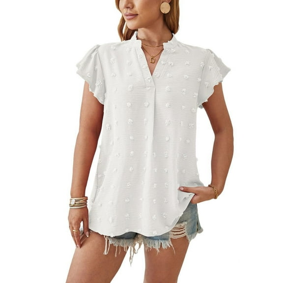 Mawalde Women 2025 Summer V Neck Ruffle Short Sleeve Blouse Dot Flowy Shirt Tunic Top White S