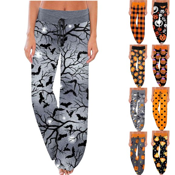Women Pajamas Pants Halloween Pumpkin Print Wide Leg Drawstring Palazzo Lounge Pants Holiday Party Sleepwear Outfit Bottoms