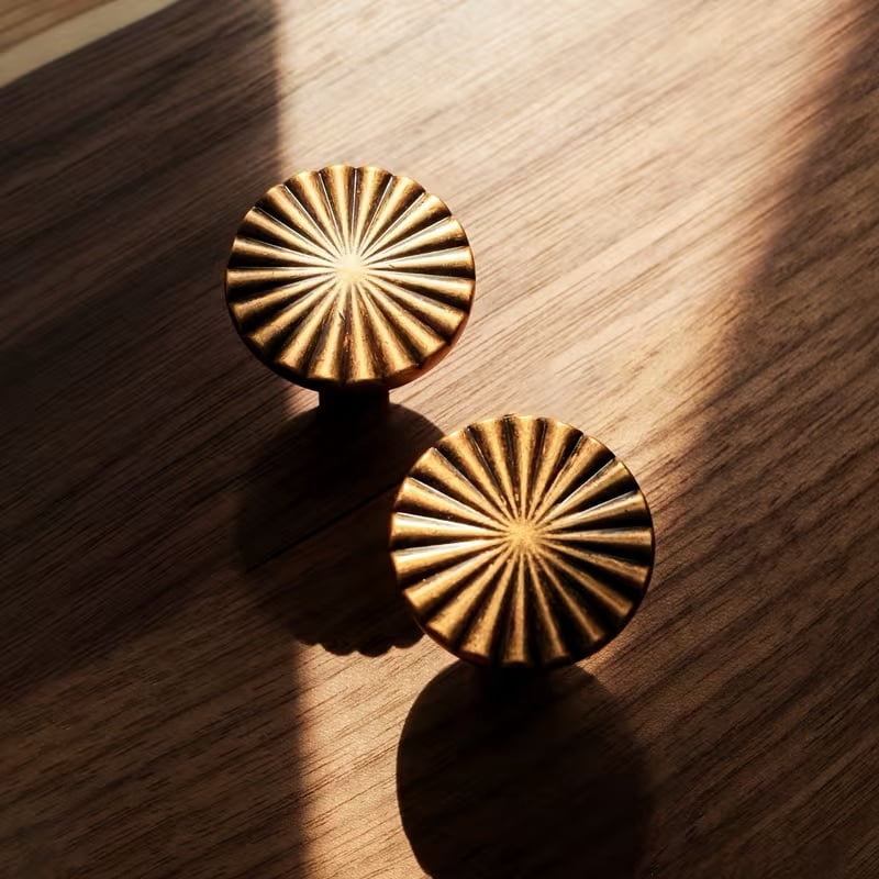 Antique Brass Cabinet Knobs - 4pcs Retro Flat Sunburst Design Pulls for Kitchen Cabinets and Bathroom Vanities