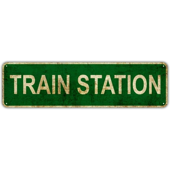 Train Station Vintage Tin Sign Gifts for Men, Outdoor Metal Sign, Road Signs, Man Cave, Street Signs 16" x 4"