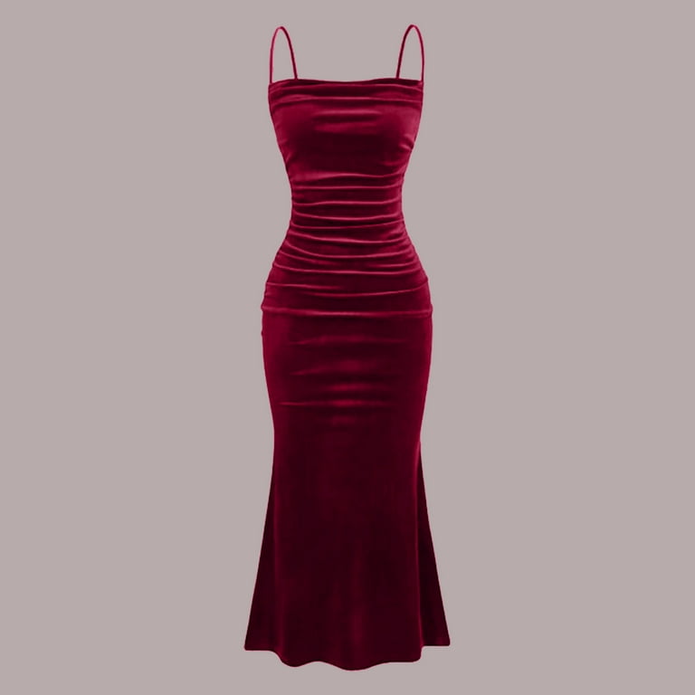 Miqool Women's Velvet Cocktail Dresses Spaghetti Straps Bodycon Ruched  Mermaid Formal Dresses Evening Party Midi Dresses Prom Gown (Wine,M) -  Walmart.com