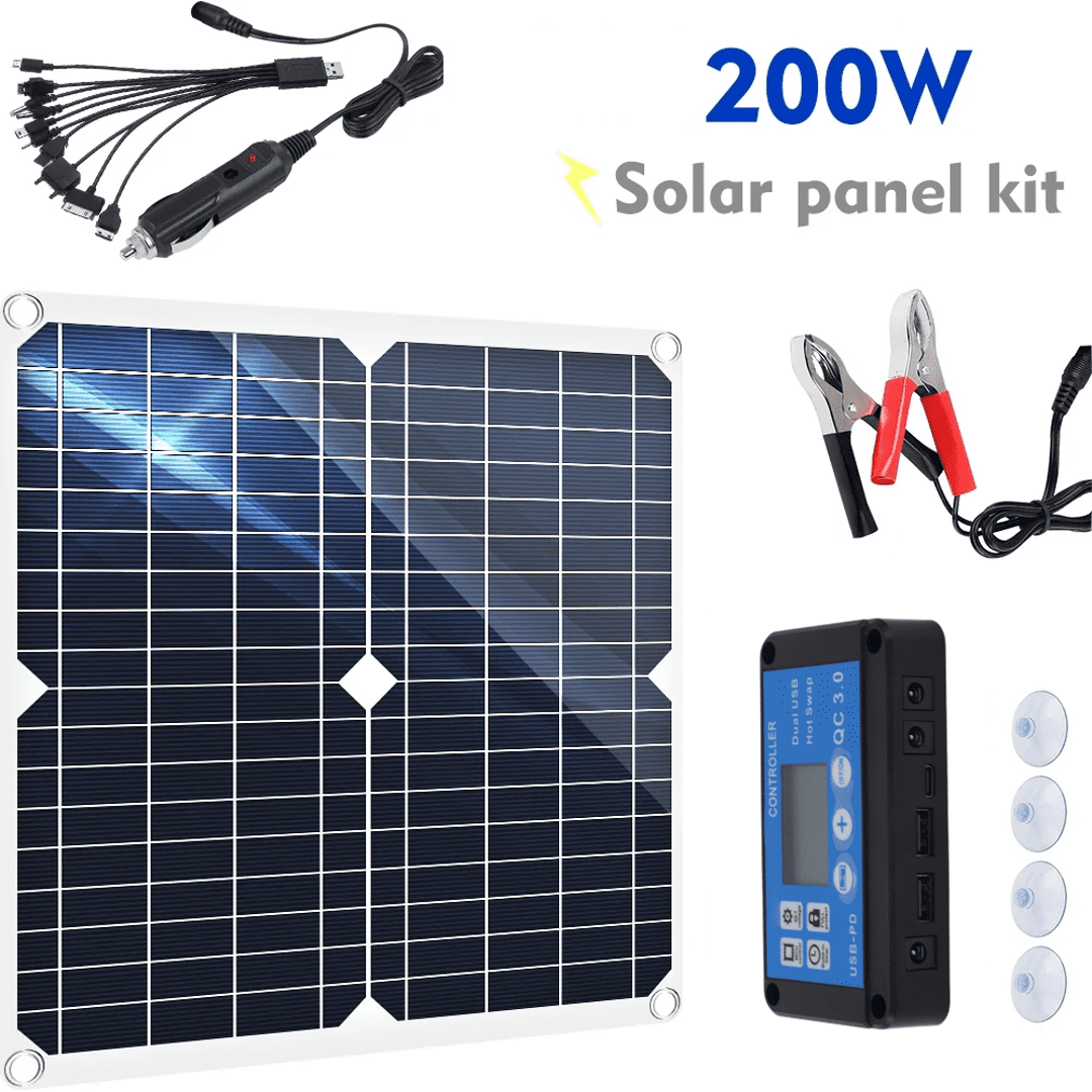 200W Solar Panel Kit, 18V 100A Solar Charge Controller Dual USB Outputs Portable Waterproof Solar Panel Set for Boat Camping Motorcycle Home Outdoor Lights RV Camera Generators