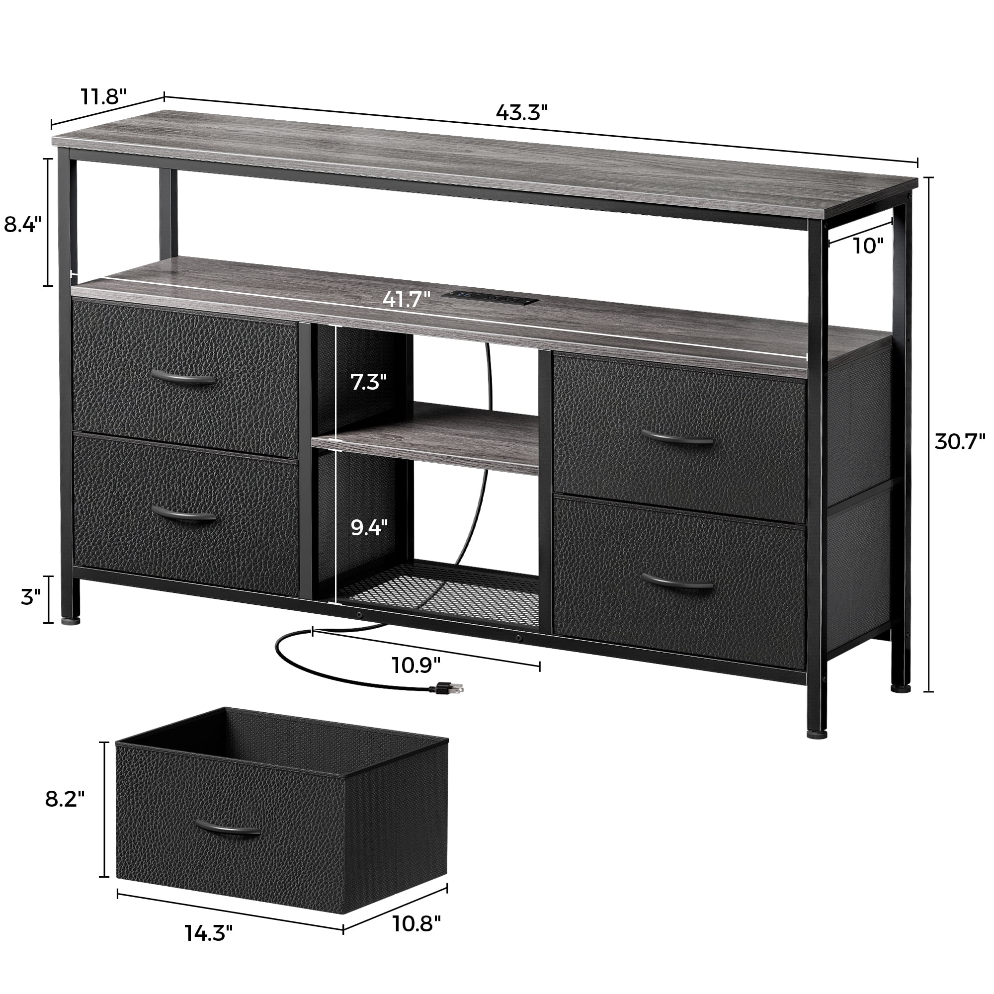 Amadwell TV Stand with Power Outlets & LED Lights, 4 Drawer Dresser Entertainment Center, Media Console with Open Shelf