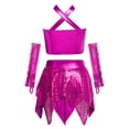 thumbnail image 3 of SiiRoh Girls 3Pcs Hip Hop Street Dance Outfits Cross Keyhole Sequins Metallic Crop Top+Skirt+Gloves Disco Dancewear Hot Pink 14, 3 of 6