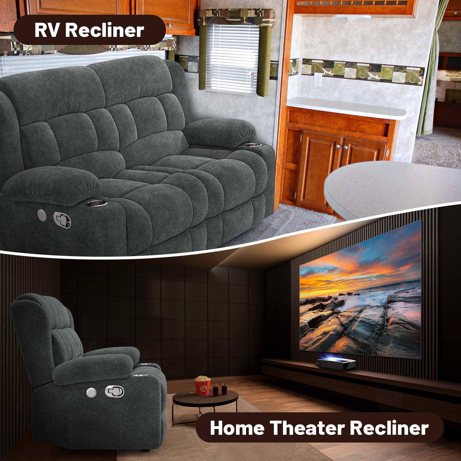 Loberfve Loveseat Recliner Sofa, Fabric Manual Pull Tab Double Reclining with USB Charge Ports, Cup Holders, Recliner 2 Seater Couches for Living Room, RV, Gray
