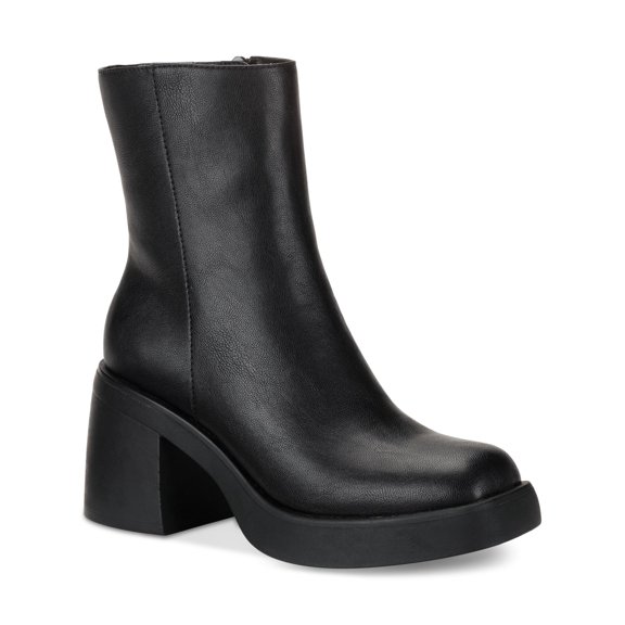 SUN STONE Womens Black 1" Platform Lug Sole Goring Padded Tiannaa Square Toe Block Heel Zip-Up Heeled Boots 8.5 M