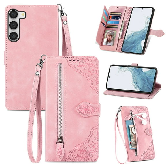 SYITOOCK Phone Case for Samsung Galaxy S23 Plus, Shockproof PU Leather Wallet Case with Card Slots Anti-Scratch Stand Magnetic Flip Zipper Pocket Cover for Samsung Galaxy S23 Plus, Pink