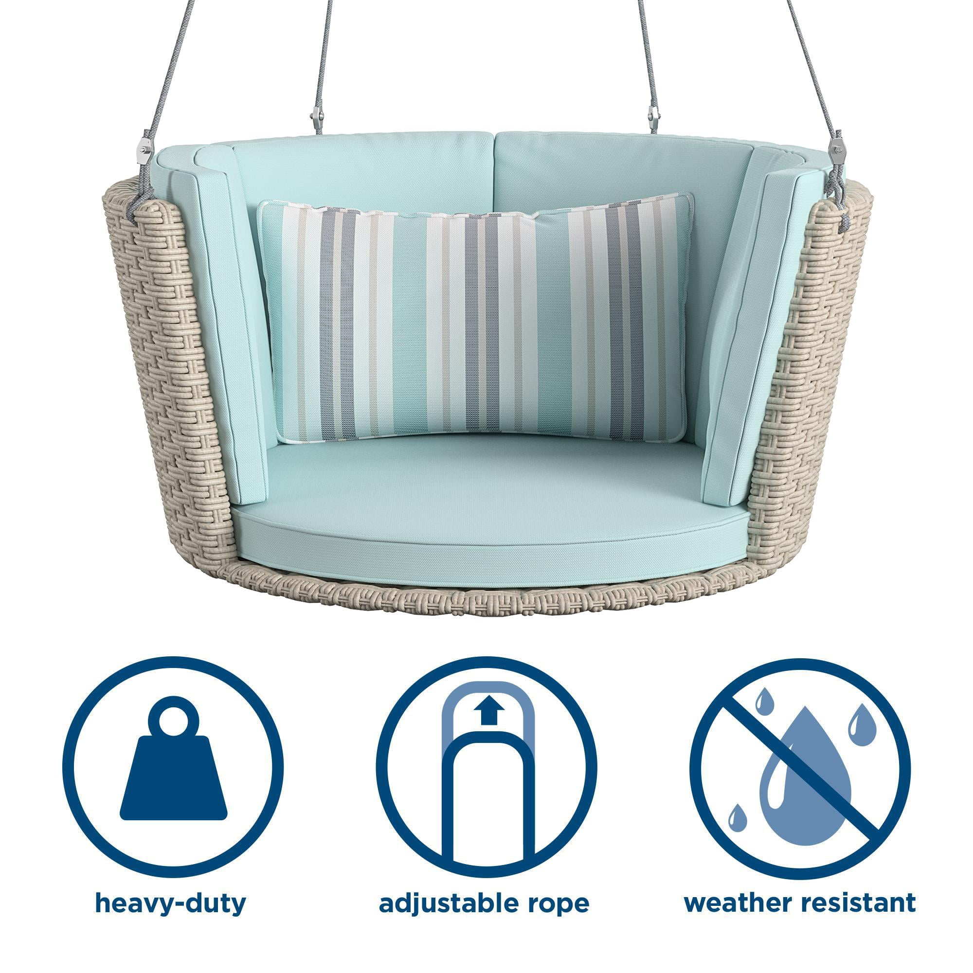 Novogratz Poolside Gossip Collection Sally Patio Swing Aqua Haze Cushions Light Taupe Wicker Walmart