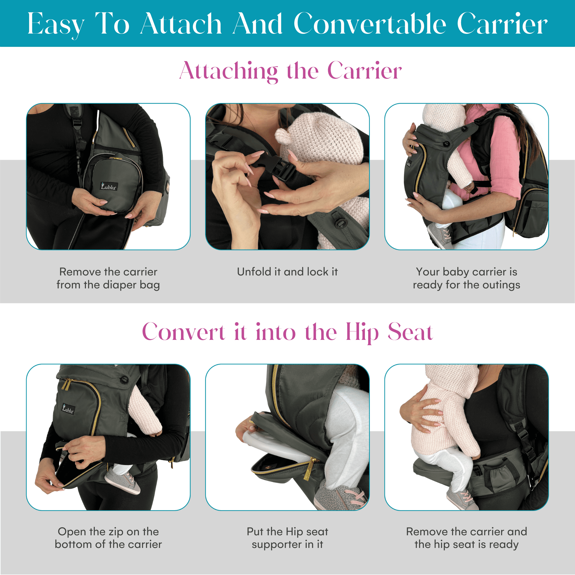 Lublu Diaper Bag Backpack with Baby Carrier, Hip Seat, Changing Pad, Insulated Pockets, Black or Grey (Black)