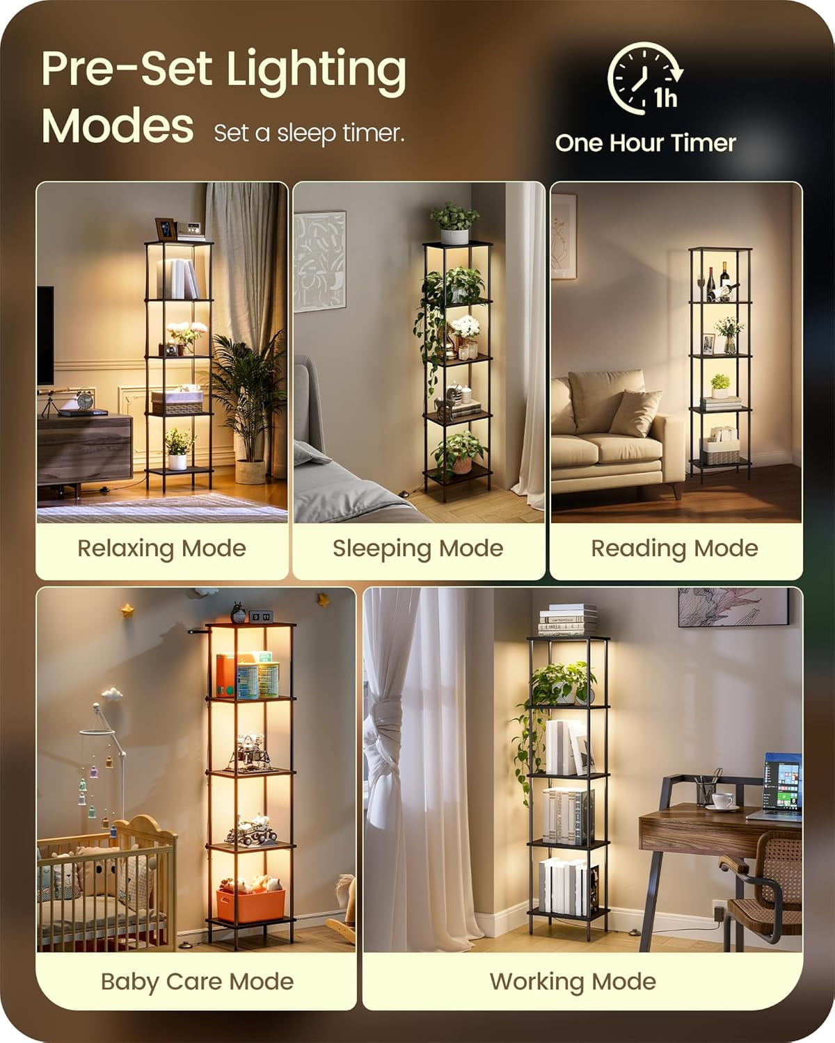 GOEBLESON 5-Tier Corner Floor Lamp with Shelves, Dimmable LED Bookshelf Light for Living Room, Remote & Foot Control, 3CCT Timer, Black